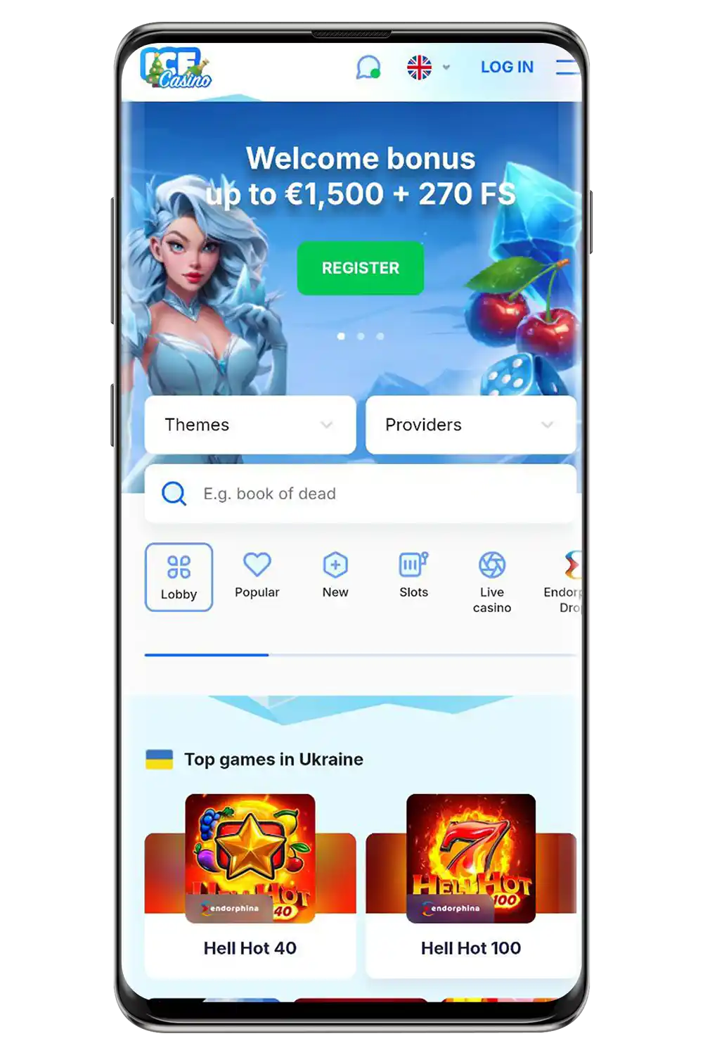 Skjermbilde av den offisielle nettsiden til ICE Casino